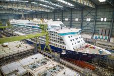 Spirit of Discovery leaves building dock I at MEYER WERFT
