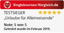 singlereisen.de: Zum 7. Mal Testsieger von „Reisen für Alleinreisende“ des Testportals singleboersen-vergleich.de!