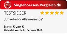 singlereisen.de: Zum 5. Mal Testsieger in der Kategorie „Reisen für Alleinreisende“ beim singleboersen-vergleich.de Testportal!