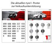 Perfekt informieren, beraten und verkaufen: mit den tyre1 Postern Exklusiv-Felgen 2019 und Motorrad-Reifen