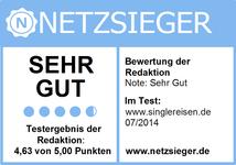 Singlereisen.de: Auszeichnung „sehr gut“ von Netzsieger.de