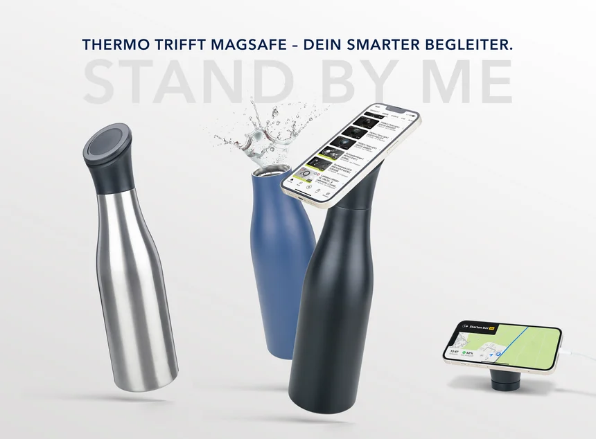 TROIKA Thermoflasche MagSafe 550ml - Edelstahl Trinkflasche Mit Handyhalterung