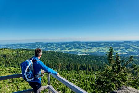Wandern auf dem Goldsteig: Der längste Qualitätswanderweg Deutschlands führt auf 660 Kilometern durch den Oberpfälzer Wald und Bayerischen Wald. Das Bild zeigt einen Wanderer beim Blick vom Dreisessel im Dreiländereck auf das