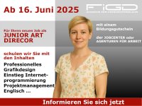 Eine kreative Teilnehmerin der Weiterbildung „Junior Art Director“ blickt freundlich und selbstsicher in die Kamera. Die Bildgestaltung unterstreicht die gestalterisch-professionelle Ausrichtung des Kurses. Das Startdatum ist klar erkennbar.