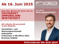 Professionelles Werbemotiv zur Weiterbildung „Fachkraft Immobilienwirtschaft“ der FiGD Akademie. Abgebildet ist ein sympathischer Mann im Business-Outfit vor einem modernen Design. Die Inhalte des Kurses wie Immobilienwirtschaft, Kalkulation, MS Office und Business English sind hervorgehoben.