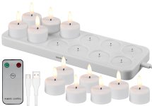 Lunartec 12er-Set LED-Akku-Teelichter mit USB-Ladestation, Fernbedienung, Timer