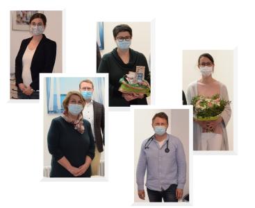 Erster Kreisbeigeordneter Dr. Jens Mischak (Dritter von links) begrüßt gemeinsam mit Carina Diezemann von der Fachstelle Gesundheitliche Versorgung (links), Dr. Wiebke Lamers (oben, Mitte) als Weiterbildungsassistentin und gratuliert Dr. Barbara Lips (rechts) zur bestandenen Facharztprüfung. Angela Heuser-Gothe und Dr. Thomas Mai freuen sich über die Verstärkung in der Praxis. (Collage: Vogelsbergkreis/C.Lips)