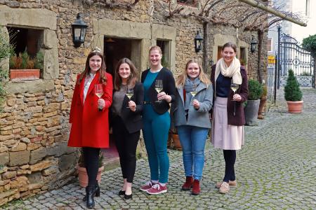 Die Fränkische Weinkönigin Carolin Meyer zusammen mit ihren vier potenziellen Nachfolgerinnen Vanessa Wischer, Kimberly Langlotz, Katharina Schmidt und Lena Müller (v. l. .n. r. ) Foto: Rudi Merkl