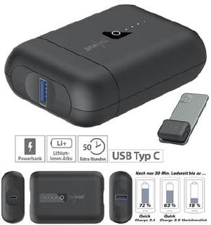revolt Mini-USB-Powerbank PB-150 mit 10.000 mAh, USB C PD und Quick Charge 3.0, 18 Watt