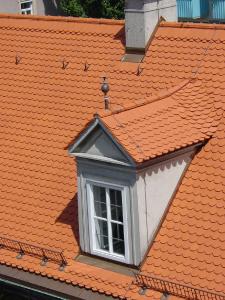Die hohe Kunst des Dachdeckerhandwerks zeigt sich bei der Eindeckung mit kerami-schen Biberschwanzziegeln und dem fließenden Übergang zur Gaube, dem kupfernen Dachschmuck und des Blitzschutzes.