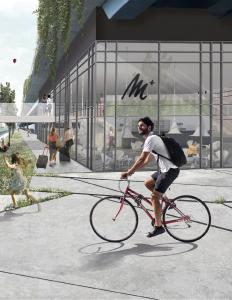 Ein Bild der Ausstellung aus dem Projekt "UnterBrücken/ÜberBrücken für die Airportstadt", das die Unterbauung der Autobahnbrücke vorsieht