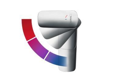 In Mittelstellung liefern Armaturen mit CoolStart ausschließlich Kaltwasser. Warmwasser fließt erst, wenn man den Hebel nach links dreht / Copyright: hansgrohe / Hansgrohe SE