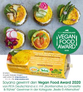 Schweizer Vegan-BioPionier Soyana gewinnt PETA-Award 2020: "Beste Ei-Alternative"