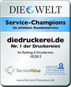 Branchengewinner im Kundenurteil: diedruckerei.de - Für das Service-Champion-Ranking 2013 wurde der Kundenservice von insgesamt 1.500 Unternehmen aus 180 Branchen untersucht und über eine Million Kundenbewertungen eingeholt. Unter den Druckereien nimmt diedruckerei.de die Spitzenposition ein und erhält für ein Jahr das Gütesiegel "Nr. 1 der Druckereien“, Copyright: Onlineprinters GmbH