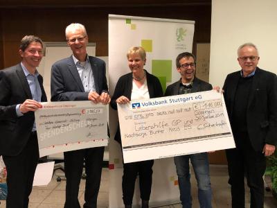 (von links nach rechts): Klaus Meissner (Mitglied des Vorstands der KSK GP), Uwe Hartmann (GF der Lebenshilfe Göppingen), Christiane Eichenhofer, Michael Tränkle, Leitung Kinder, Familie und offene Angebote, Lebenshilfe Göppingen, Hans Brodbeck (Vorstandsvorsitzender der Lebenshilfe Göppingen)