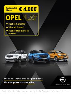 Die "Opel Flat" ist zurück: Ab sofort fahren Neuwagenkäufer auch in Opel Crossland X, Grandland X und Mokka X mit verlängerter Garantie und Mobilitätsabsicherung sowie kostenfreien Inspektionen rundum sorgenfrei
