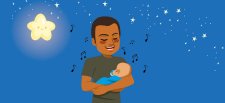 Ein junger Mann hält sein Baby im Arm und singt ein Gute-Nacht-Lied. Im Hintergrund ist ein sternenklarer Nachthimmel.