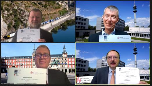 Screanshot von der Unterzeichnung der Verträge mit Bernd Hullerum (o.l.), Vorsitzender des Schulvorstandes der FEDA Madrid, und FEDA-Schulleiter Ingo Winter auf der linken Bildseite sowie Prof. Dr. Joachim Schmidt (o.r.), Studiengangleitung dualer Bachelor Logistik, sowie Hochschulpräsident Prof. Dr. Peter Mudra auf der rechten Bildseite (Bild: HWG LU)