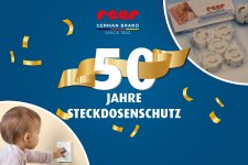 Banner für das 50. Jubiläum des Steckdosenschutzes der reer GmbH