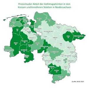 Gesundheitsatlas Asthma prozentuale Asthma Verteilung Niedersachsen