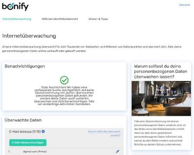 Screenshot | bonify IdentProtect-Portal Übersicht Internetüberwachung