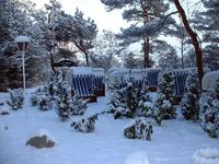 Tief verschneit zeigen sich die Strandkörbe im Winter auf Rügen. Foto: Cliff Hotel Rügen