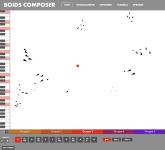 Eine Gruppe von “Boids” (das könnte z.B. ein Vogelschwarm sein) bewegt sich im Schwarmverhalten um den roten Punkt. Im Verhalten zueinander entsteht dadurch Musik / Fotohinweis: Mozartfest