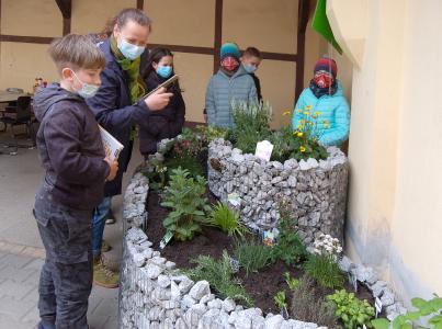 Hort-Leiterin Manuela Schildhauer freut sich mit den Kindern über die NektarTankstelle und das WildbienenHaus
Bildnachweis: Frank Henze / MaM
