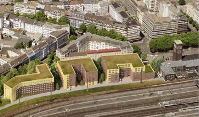 Ansicht des Hotel-Ensembles als Luftbild von der Bahnhofseite aus (Foto-Credit: "greeen! architects")