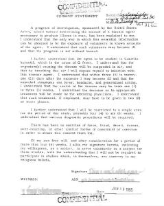 Einverständniserklärung für eines der Experimente im Rahmen von "Operation Whitecoat" / © Foto: US Army/public domain/wikimedia commons