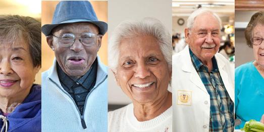 Gesichter rüstiger Rentner aus Loma Linda/USA (v.l.n.r.) D. Zane (85), E.E. Rogers (101), H. Gurusamy (86), W. Heisler (84) und A. Leon (92)