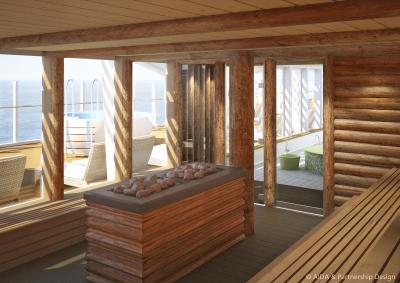 Liebe zum Detail: Die Kelo-Sauna verströmt die urige Romantik traditioneller finnischer Saunahütten und bietet ebenfalls freien Blick auf das Meer. Foto: AIDA Cruises