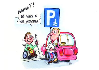 Cover der Hinweiskarte für Falschparker, das Cartoon erstellte der an MS-erkrankte Künstler Phil Hubbe