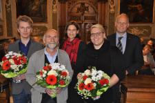 Preisträger und -trägerinnen mit Präsidentin und Vorstandsvorsitzenden: v.l.: Tobias Saberniak, Andreas Roß, Muriel Kim Helbig, Mareike Redder und Titus Jochen Heldt (nicht dabei waren die Professoren Cecil Bruce-Boye und Norbert Reintjes)  / Foto (FHL)