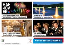 Unter dem Motto „Herrenhausen unterhält“ laden die HMTG und verschiedene Partner mit  Großflächenplakaten, Herrenhausen-Litfaßsäulen, Spots im Fahrgastfernsehen der Stadtbahnen, einem Flyer und einer Anzeigenkampagne auf 600.000 Reisefahrplänen der Deutschen Bahn zu einem Besuch des vielfältiges Kunst- und Kulturprogramms in den Herrenhäuser Gärten ein (Foto: HMTG)