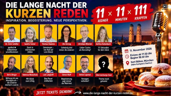 Casino statt Recruiting, Wirkung wie Mundgeruch und Mut zum Scheitern: 11 Redner, 11 Minuten, 111 Krapfen!