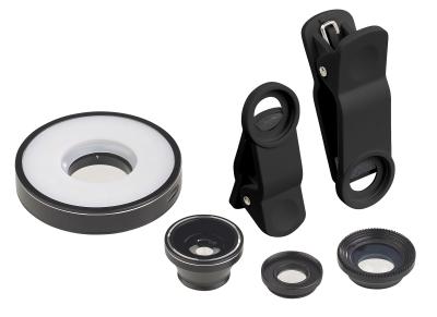 Somikon 4in1-Vorsatz-Linsen-Set CVL-153.led mit Weitwinkel, Makro, Fischauge und LED-Ring