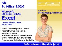 Grafik zur Weiterbildung „Microsoft Office 2024 – Excel“. Das Motiv zeigt eine freundliche, professionell gekleidete Person vor einem hellen Hintergrund. Links sind Informationen zum Kursstart ab 9. März 2026, zu Excel-Schwerpunkten wie Grundlagen, Formeln, Funktionen, Auswertungen, Pivot-Tabellen und Diagrammen sowie zum Einsatz von Excel im Büro- und Verwaltungsbereich dargestellt. Rechts befindet sich der Hinweis auf die Förderung mit Bildungsgutschein.