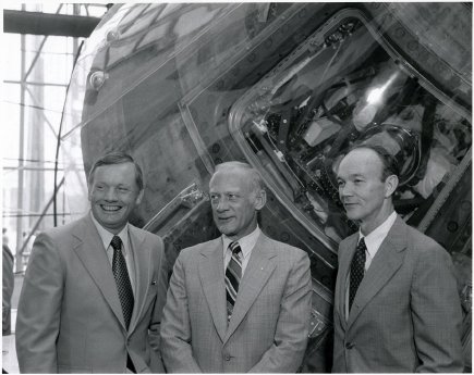 Neil Armstrong, Buzz Aldrin, Michael Collins in front of the Columbia in 1979_Credit National Ai.jpg