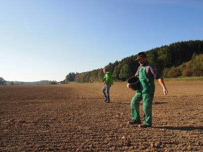 Barnhouse Partner-Landwirt Hilarius Häußler und Georg Hans bei der Aussaat
