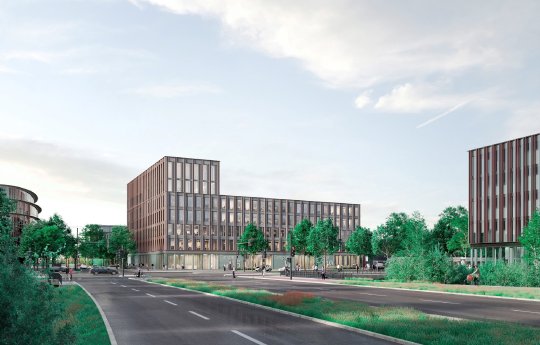 Visualisierung einer ersten Anmutung des geplanten Gebäudes Lise Meitner Strasse.jpg