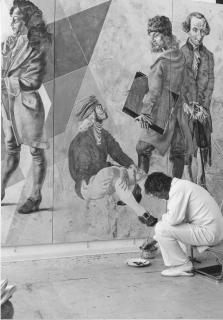 Hans Erni bei der Arbeit am Wandbild Panta rhei, 1978