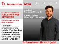 Die FiGD Akademie kündigt den Start ihrer Weiterbildung zum Full Stack Web Developer am 23. November 2026 an. Zu den Inhalten gehören Internetprogrammierung, mobile Webanwendungen, CMS Development, Frontend und Backend, objektorientierte Java-Programmierung sowie Linux. Eine Förderung über einen Bildungsgutschein ist möglich.