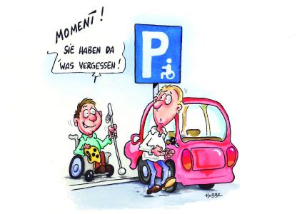 Cover der AMSEL-Hinweiskarte für Falschparker, das Cartoon erstellte der an MS-erkrankte Künstler Phil Hubbe