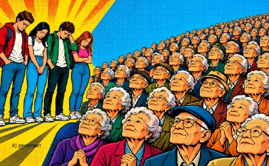 Ältere Menschen schauen hoffnungsvoll auf junge Menschen - FORAIM- KI generiert