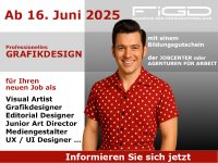 Ein motivierter Teilnehmer der Weiterbildung „Visual Media Designer“ zeigt sich sympathisch und professionell. Die Inhalte wie Grafikdesign, UX/UI, Editorial Design und 3D werden visuell hervorgehoben. Der Kursstart ist klar erkennbar.