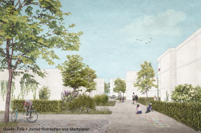 Wohnstraße im neuen Quartier am Schleißheimer Kanal