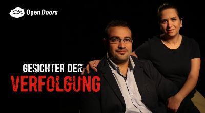 George und Nawal aus Syrien auf einem Plakat für neue Serie beim Hope TV „Gesichter der Verfolgung“