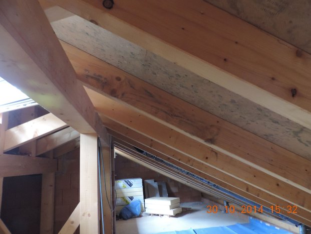 Neubau Dachgeschoß, vollflächig verschimmeltes Dachgebälk und Holzfaserdämmplatten.jpg