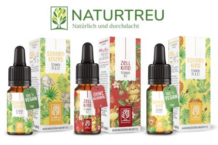 Zusammenstellung der Naturtreu Produkte für Kinder und Jugendliche. Sonnenkind ist Vitamin D3 in Tropfenform, welches für Kinder und Jugendliche gedacht ist. Sonnenknirps ist ebenfalls Vitamin D3 in Tropfenform, welches für Kleinkinder bis 4 Jahre gedacht ist. Bei Zellkind handelt es sich um Vitamin B12, welches gleich wie Sonnenkind für Kinder und Jugendliche gedacht ist.